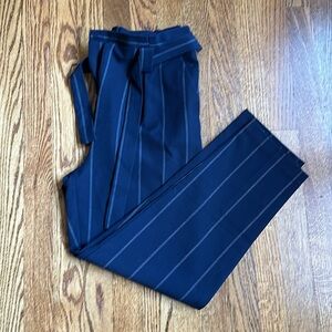 Striped Navy Ankle Office Pants with Belt High Waist